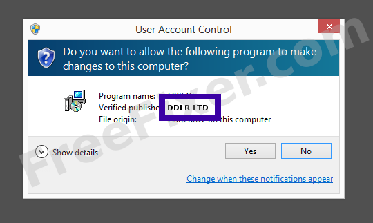 Screenshot where DDLR LTD appears as the verified publisher in the UAC dialog